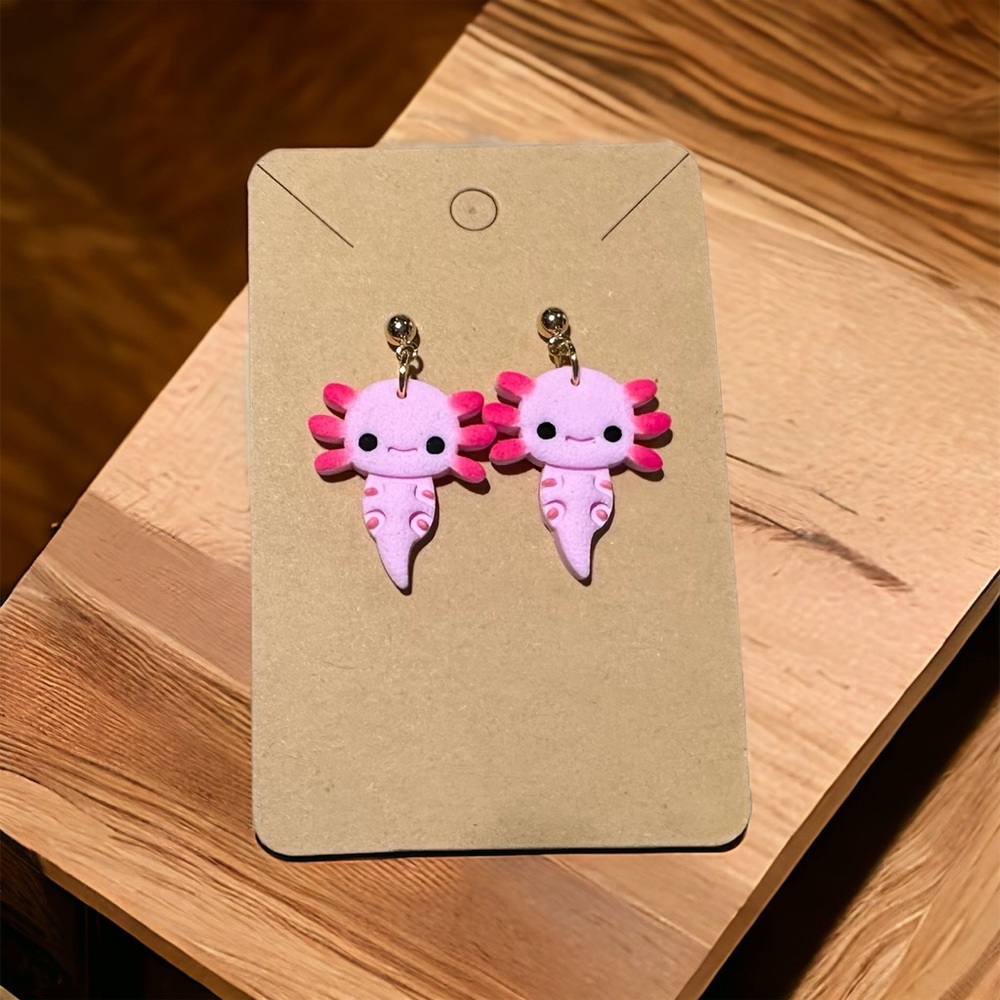 Pink Axolotl Polymer Clay Dangle Earrings